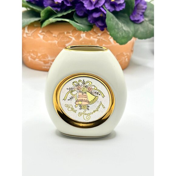 Vintage 50th Anniversary Vase 24K Gold Edged Art Of Chokin Made In Japan - Picture 1 of 6